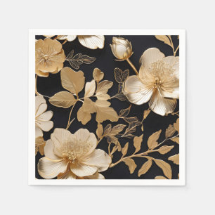 Serviette En Papier Modèle Floral Or Et Blanc Sur Noir