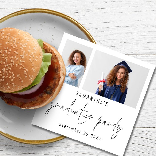 Serviette En Papier Modern 2 Photo Script Nom Date Graduation Party (Créateur téléchargé)