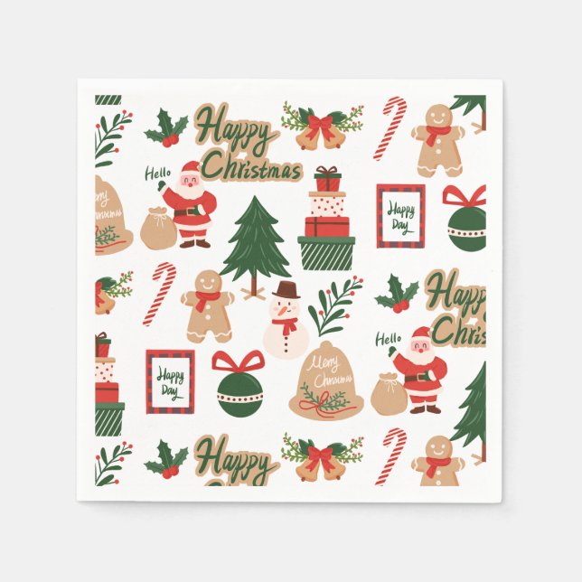 Serviette En Papier Modern Christmas Santa and Gingerbread Pattern (Devant)