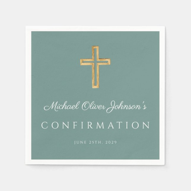 Serviette En Papier Modern Green Religious Cross Boy Confirmation (Devant)
