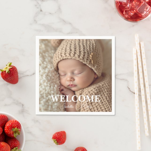 Serviette En Papier  Modern Grey and White Photo Birth Announcement (En situation)