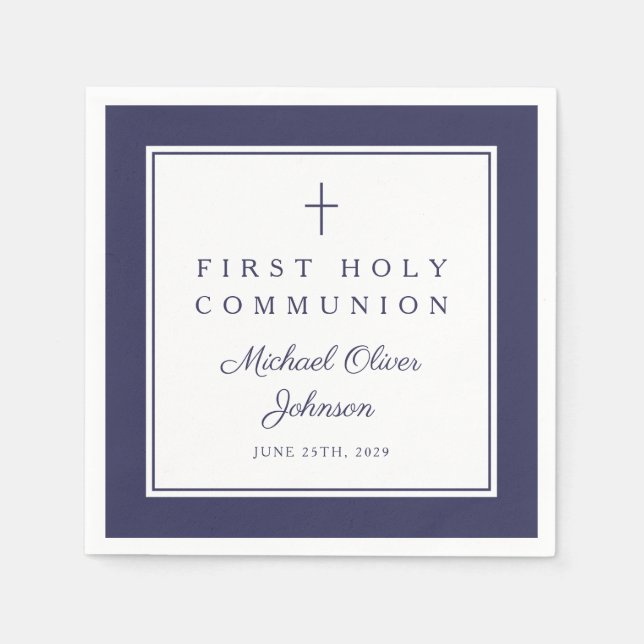 Serviette En Papier Modern Navy Blue Religious Boy First Communion (Devant)