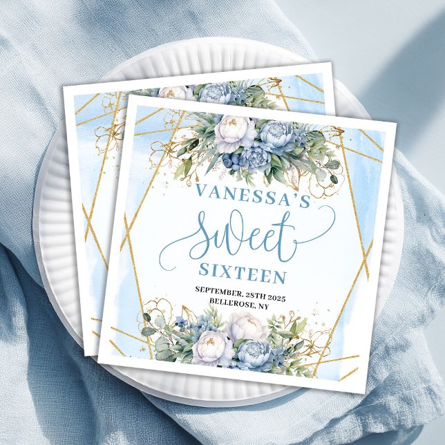 Serviette En Papier Modern Sweet 16th Dusty Blue Gold Frame Party  (Modern Sweet 16th Dusty Blue Gold Frame Party Napkin)