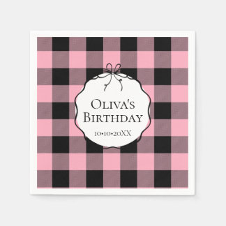 Serviette En Papier Moderne Anniversaire Gingham Rose Noir