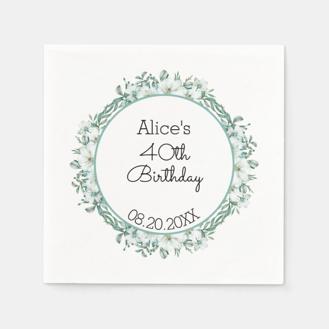 Serviette En Papier Moderne Blanc Magnolia Verdure 40e anniversaire (Devant)