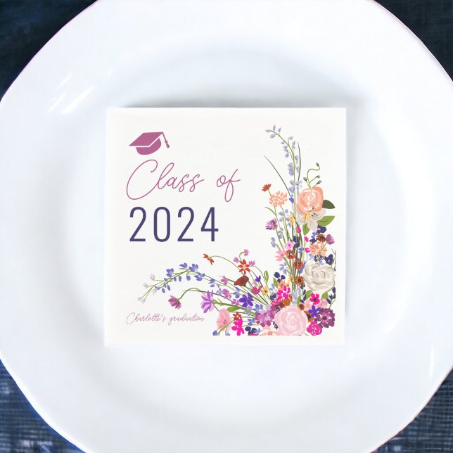 Serviette En Papier Moderne chic fleurs sauvages script graduation cla (Modern chic wild flowers script class graduation napkins)