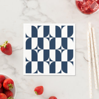 Serviette En Papier Moderne du milieu du siècle bleu et blanc
