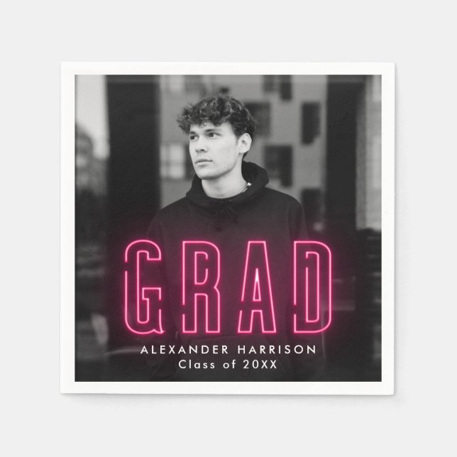Serviette En Papier Moderne Hot rose Neon Photo Graduation (Devant)