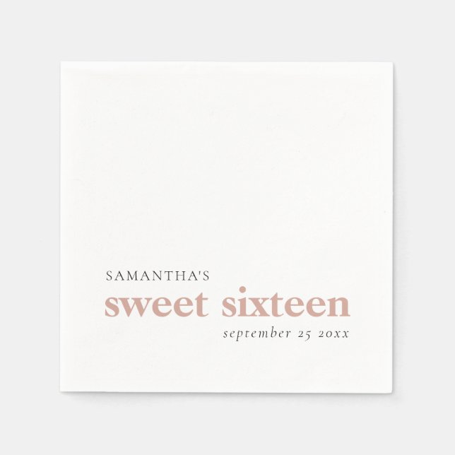 Serviette En Papier Moderne Personnalisé Blush Pink Sweet 16 Nom Date (Devant)