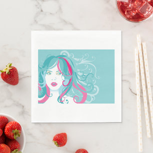 Serviette En Papier Moderne Pop Art femme Turquoise et rose cheveux