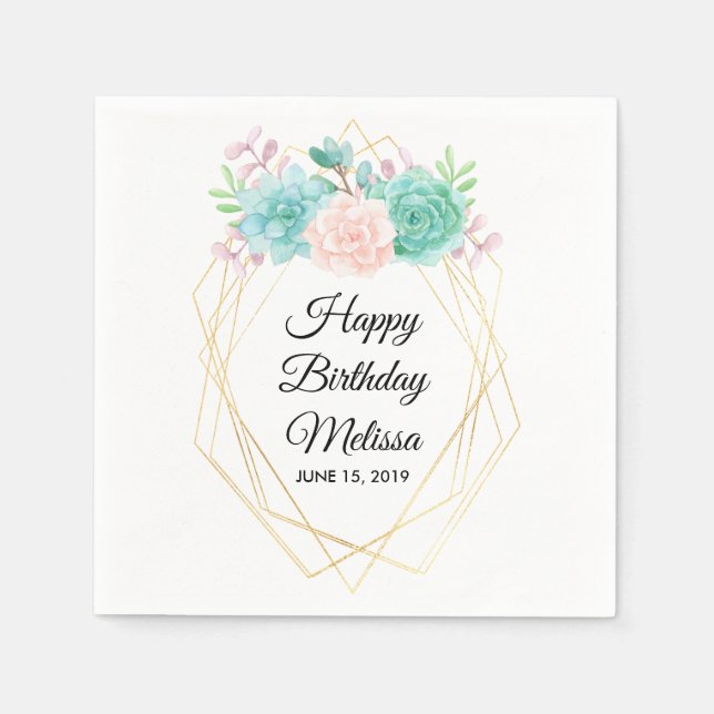 Serviette En Papier Moderne rose et vert Succulents Aquarelle Annivers (Devant)
