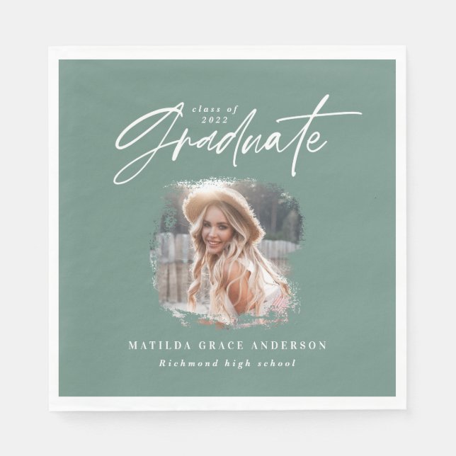 Serviette En Papier Moderne sauge vert script photo élégante graduatio (Devant)