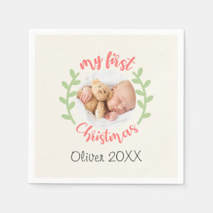Serviette En Papier Mon 1er Noël Baby Name PHOTO Wreath Holiday
