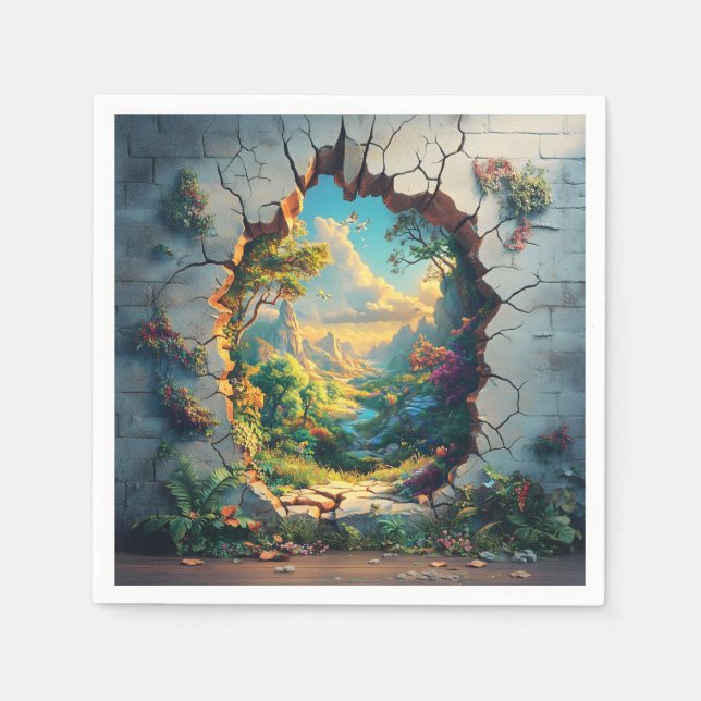 Serviette En Papier Monde de l'Imaginaire à travers un mur fissuré (Devant)