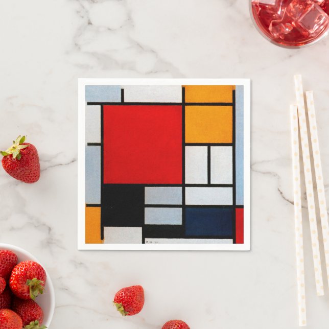 Serviette En Papier Mondrian - Composition avec grand plan rouge (En situation)