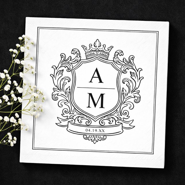 Serviette En Papier Monogram Crest Black and White Paper Wedding (Monogram Crest Black and White Paper Wedding Napkins)