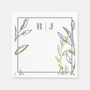 Serviette En Papier Monogram Dusty Blue Green Feuilles Mariage d'art