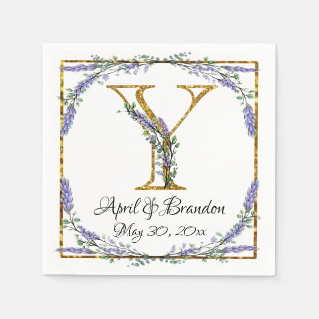 Serviette En Papier Monogram Y, Lavender Eucalyptus, gold sparkle   (Devant)
