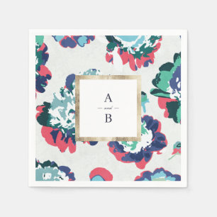 Serviette En Papier Monogramme abstrait floral or vert classique moder