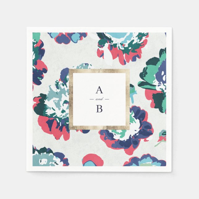 Serviette En Papier Monogramme abstrait floral or vert classique moder (Devant)