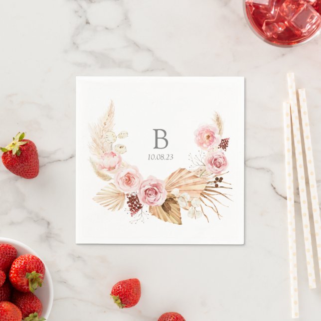 Serviette En Papier Monogramme Aquarelle Floral Boho Mariage Napkins (En situation)