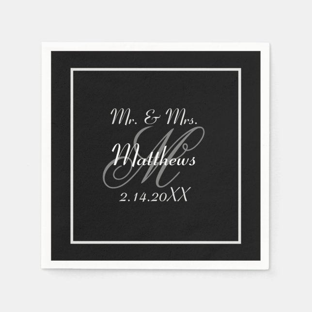 Serviette En Papier Monogramme Black Bride Groom Date Mariage (Devant)