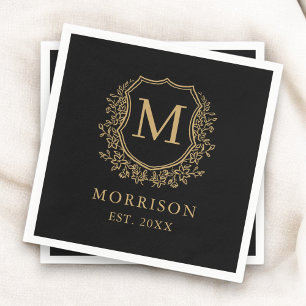 Serviette En Papier Monogramme Black Gold Crest Mariage botanique