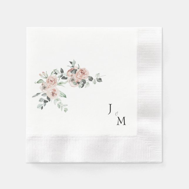 Serviette En Papier Monogramme Blush Floral Mariage Coin (Devant)