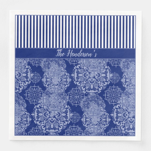Serviette En Papier Monogramme Boho Moody Blues Mandalas and Stripes (Devant)