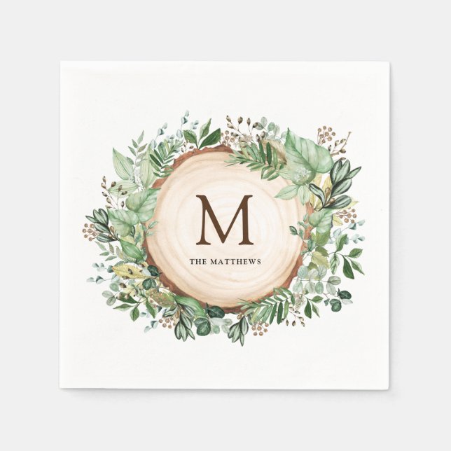 Serviette En Papier Monogramme botanique rustique à l'aquarelle (Devant)