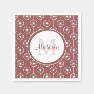 Serviette En Papier Monogramme brun-rougeâtre élégant de coeurs avec