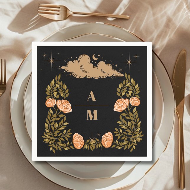 Serviette En Papier Monogramme Celestial Midnight Black Stars Mariage (Créateur téléchargé)