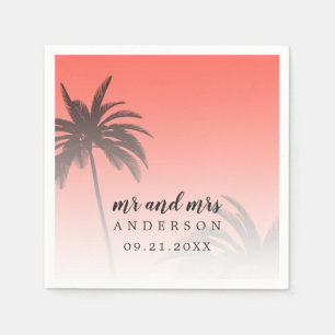 Serviette En Papier Monogramme Corail Tropical Palm Tree Beach Mariage