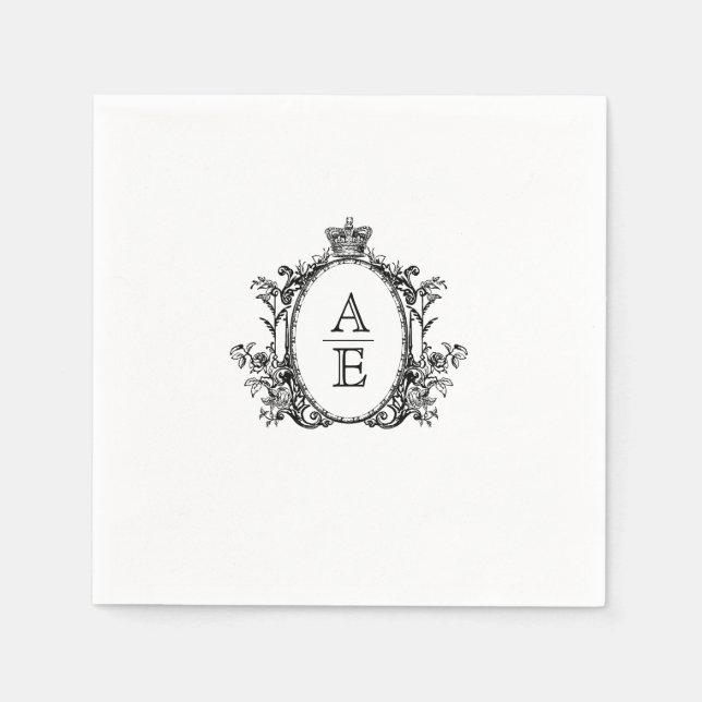Serviette En Papier Monogramme crête romantique Mariage noir et blanc (Devant)