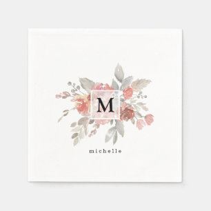 Serviette En Papier Monogramme de fleur gris rose poussiéreux élégant