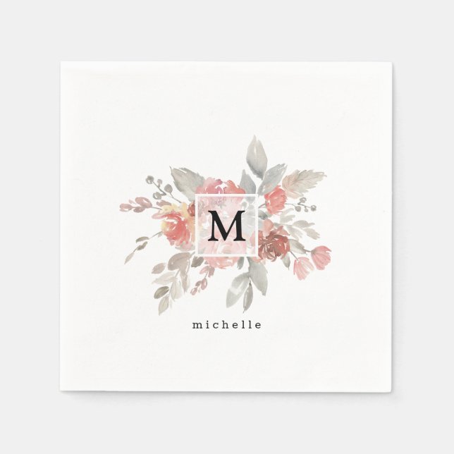 Serviette En Papier Monogramme de fleur gris rose poussiéreux élégant (Devant)