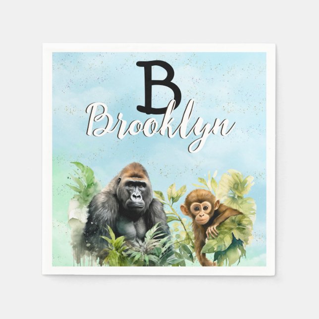 Serviette En Papier Monogramme de la jungle de chimpanzé de gorille pe (Devant)
