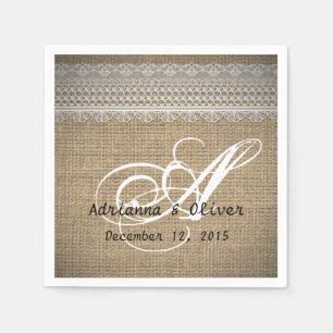 Serviette En Papier Monogramme de Mariage de dentelle de Burlap rustiq