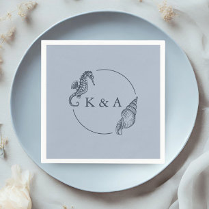 Serviette En Papier Monogramme de Mariage Nautique Seahorse & Sea Shel