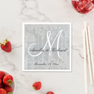 Serviette En Papier Monogramme de mariage personnalisé en damas argent