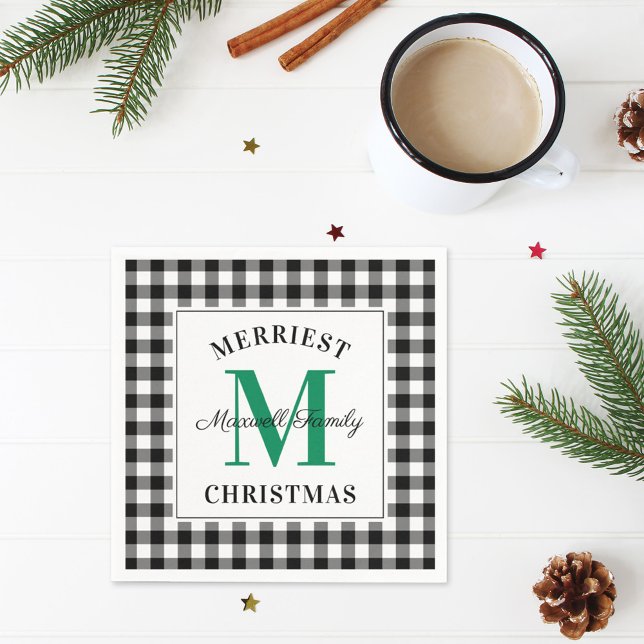 Serviette En Papier Monogramme de Noël de Buffalo noir vert (Créateur téléchargé)