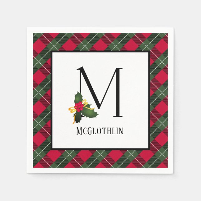 Serviette En Papier Monogramme de Noël Holly Plaid M Personnalisé (Devant)