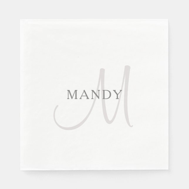 Serviette En Papier Monogramme de nom élégant | Blanc & Gris (Devant)