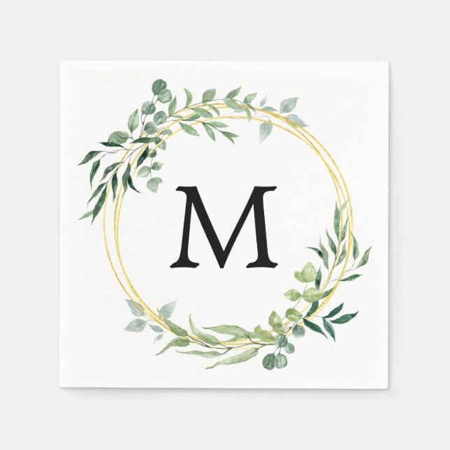 Serviette En Papier Monogramme de verdure d'eucalyptus Mariage or vert (Devant)