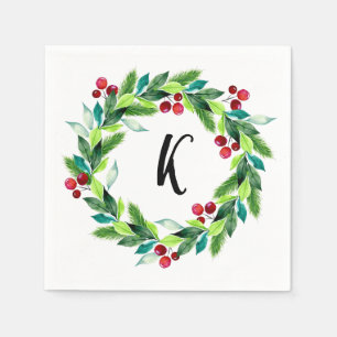 Serviette En Papier Monogramme des baies de fleurs de Noël