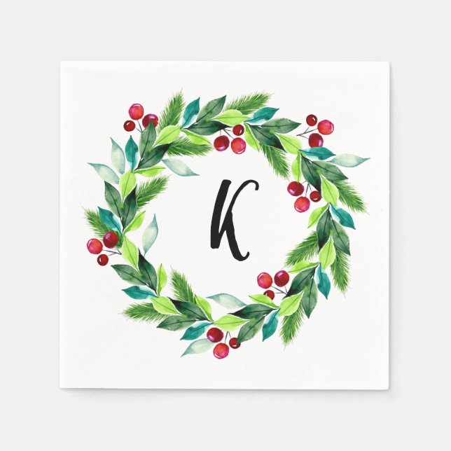 Serviette En Papier Monogramme des baies de fleurs de Noël (Devant)