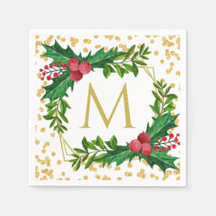 Serviette En Papier Monogramme d'or Joyeux Noël Holly Parties scintill