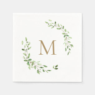 Serviette En Papier Monogramme d'or Mariage Green feuilles Crest