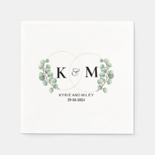 Serviette En Papier monogramme élégant eucalyptus mariage noir et blan