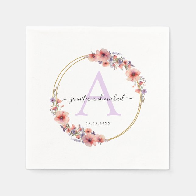 Serviette En Papier Monogramme, élégant, fleur sauvage, cercle mariage (Devant)